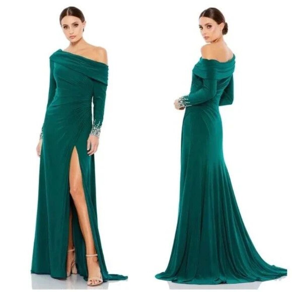 NWT MAC DUGGAL 12231 Beaded Cuff Drop Shoulder Long Sleeve Gown Dress Green 14